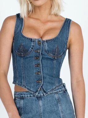 LIONESS After Hours Corset Top Blue Denim